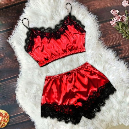 

Pxiakgy lingerie for women Women Satin Lace Camisole With Bow Shorts Pajamas Lingerie Sleepwear Set S-XL Red + XL