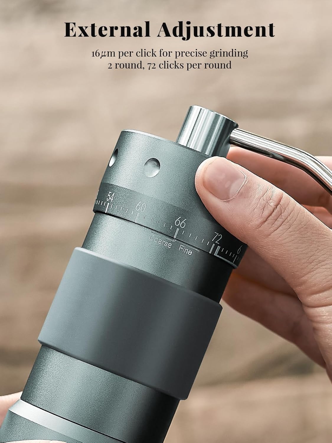 Manual Coffee Grinder with 16μm External Adjustment, Precision Espresso & Pour Over, CNC Stainless Steel Conical Burr, Drill-Compatible Aluminum Body, Portable