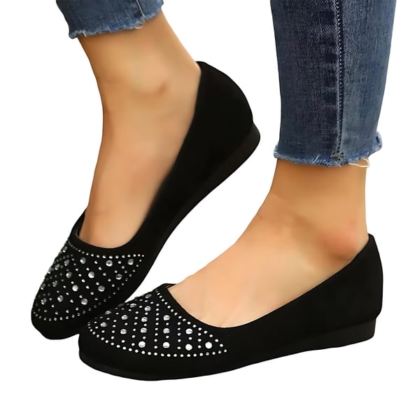 HTHLVMD Rhinestone Ballet Flats for Women, Slip-On Dressy Flats, Casual Walking Flats for Women, Comfortable Slip-On Shoes, Womens Faux Suede Rhinestone Ballerina Ballet Flats Shoes, Black 6