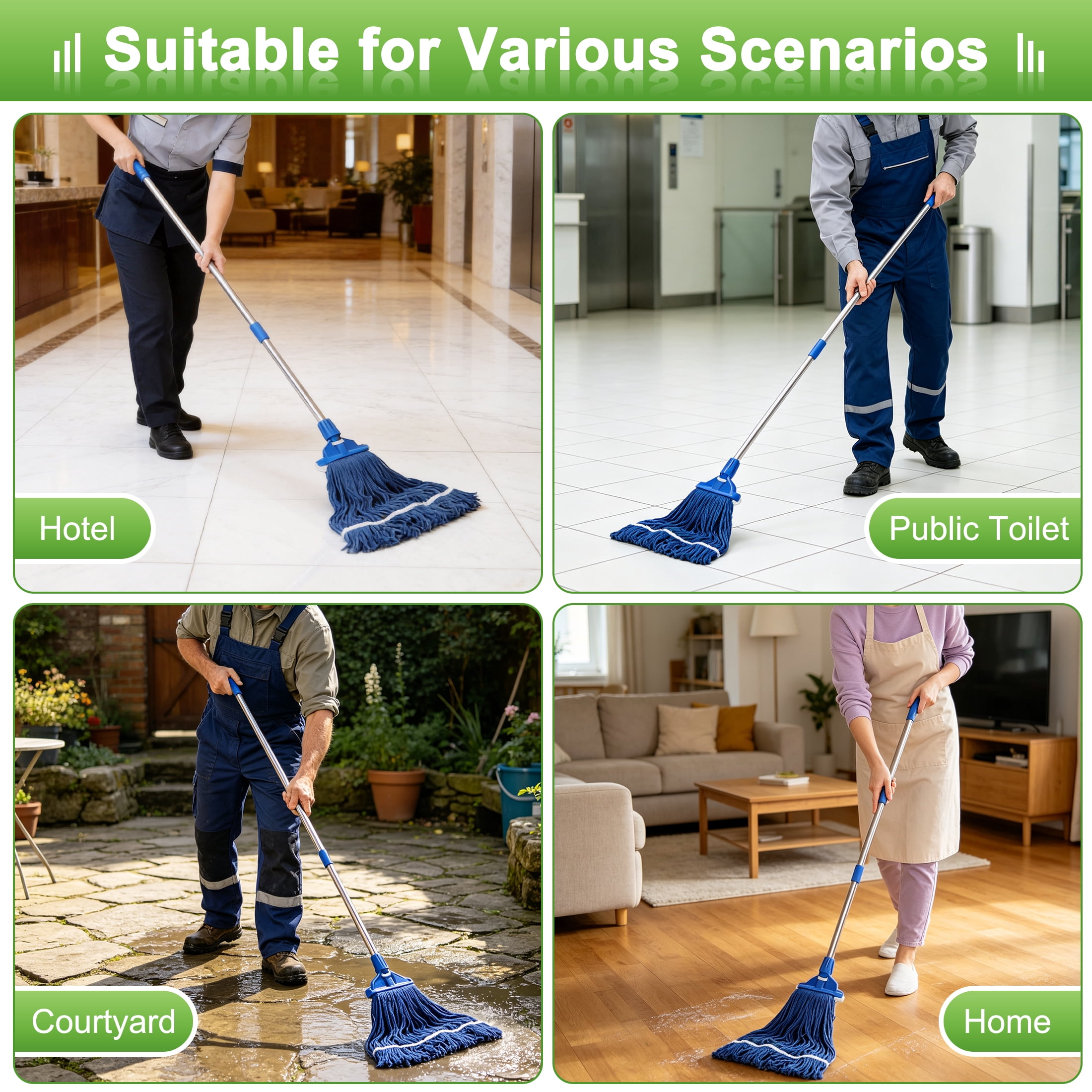 Commercial Mop, Heavy Duty Cotton String Mop, Long Handle Floor Mop, Wet Cleaning Mop, Household Cleaning Mop for Hardwood, Tile, Marble Floors, Home & Commercial Use