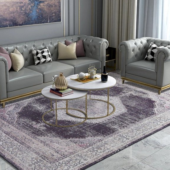 Black Medallion Vintage Faded Print 5X7 Area Rug/ Carpet by Makymo