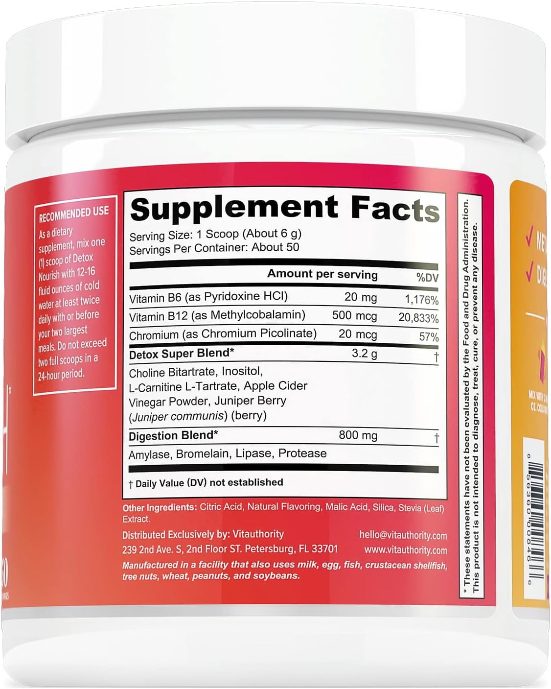 Vitauthority Detox Nourish Dietary Supplement Powder, Metabolism Support & Digestion Aid, Orange Pineapple, 10.9 oz