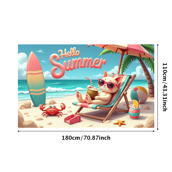 Decorative Banner Hello Summer Beach Style Vacation Vibe Cat Design for Summer Party Beach Event Outdoor Decoration