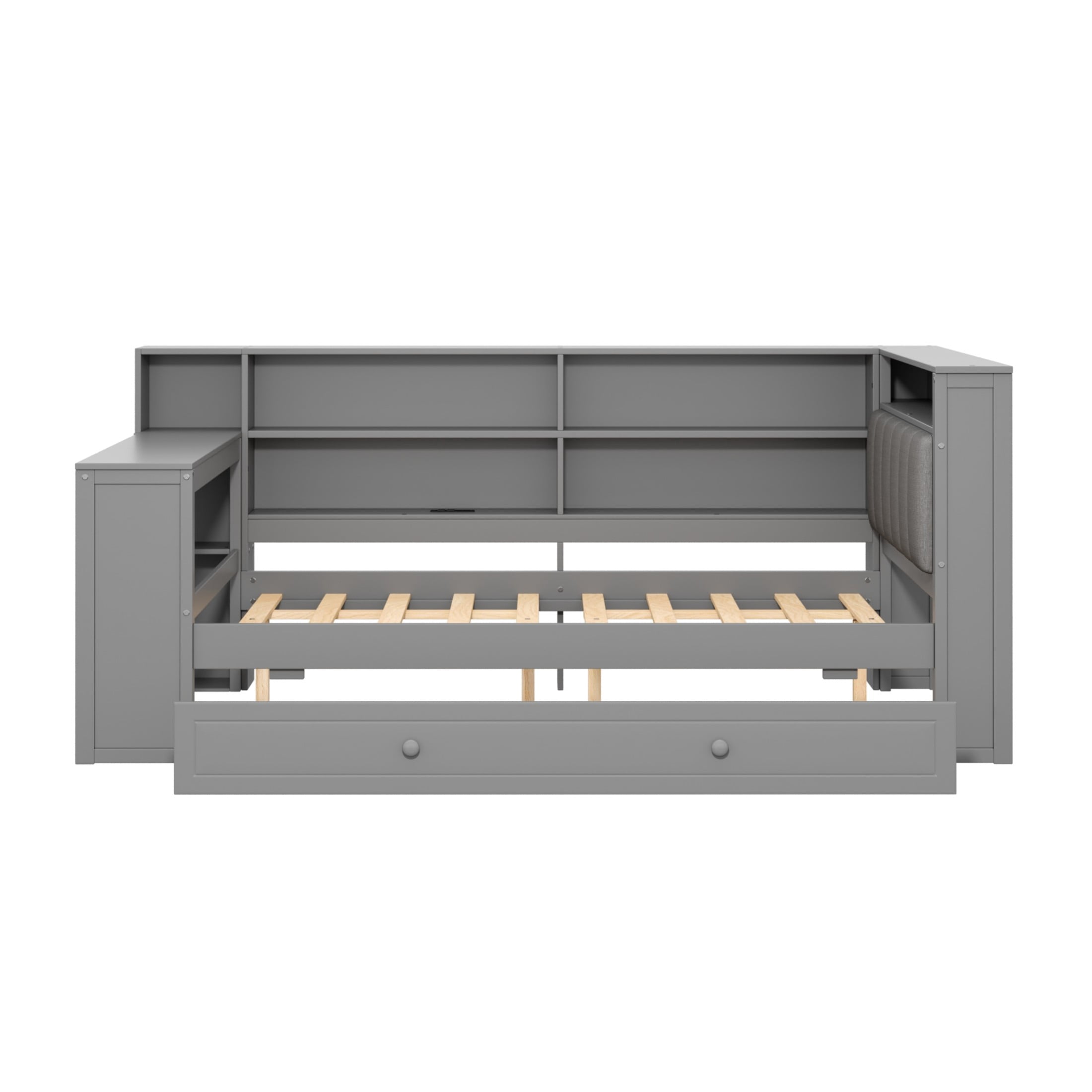 Noble House Full Platform Bed with Storage Shelves and Trundle, LED Desk and Integrated USB, Upholstered Headboard, Gray