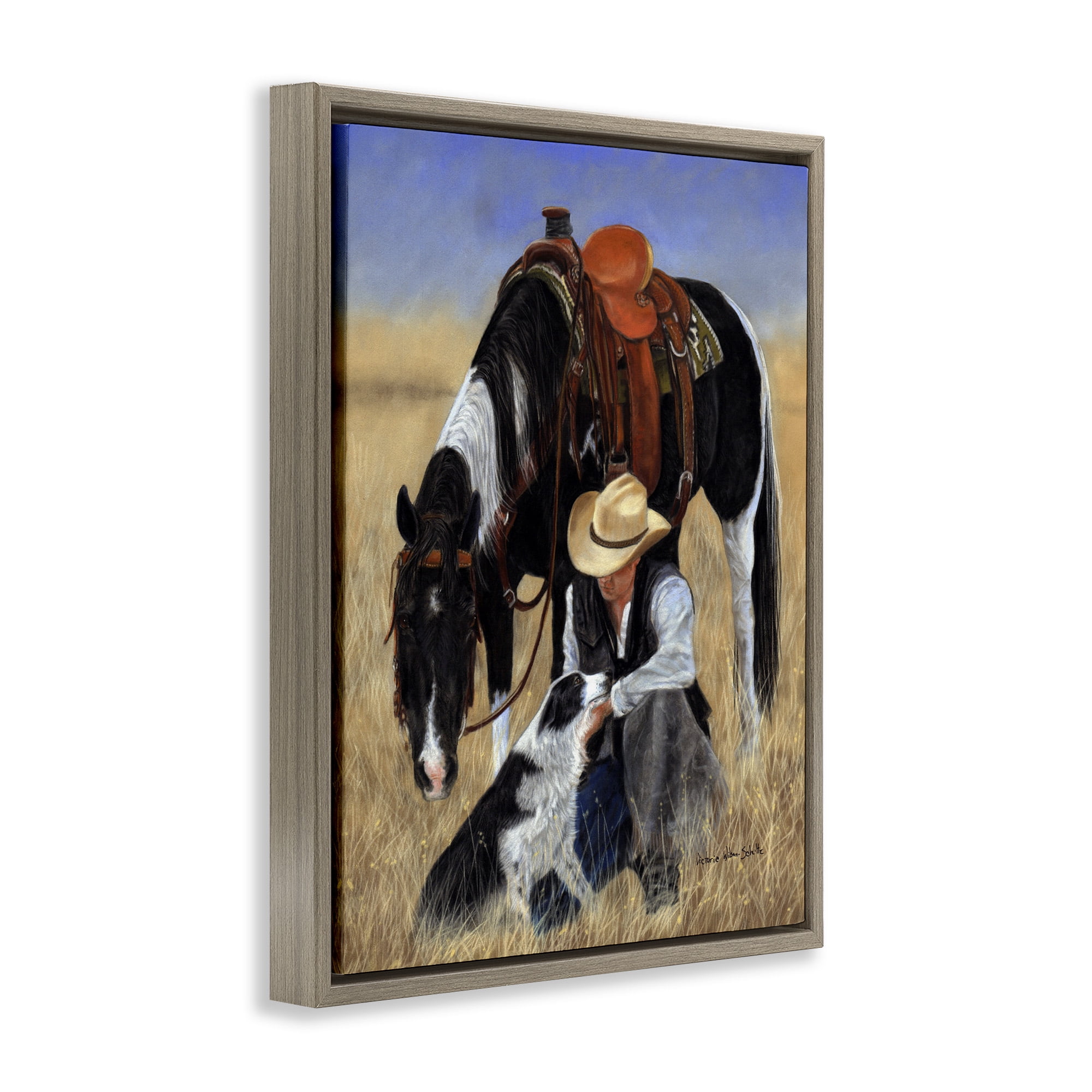 Stupell Industries Cowboy with Dog & Horse Animals & Insects Painting Brown Floater Framed Canvas Art Print Wall Art, 17 x 21