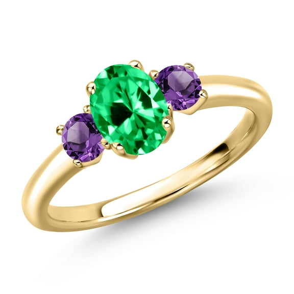 Gem Stone King 10K Yellow Gold Green Zirconia and Purple Amethyst Engagement Ring for Women | 1.08 Cttw | Oval 7X5MM | Gemstone Birthstone | Size 7