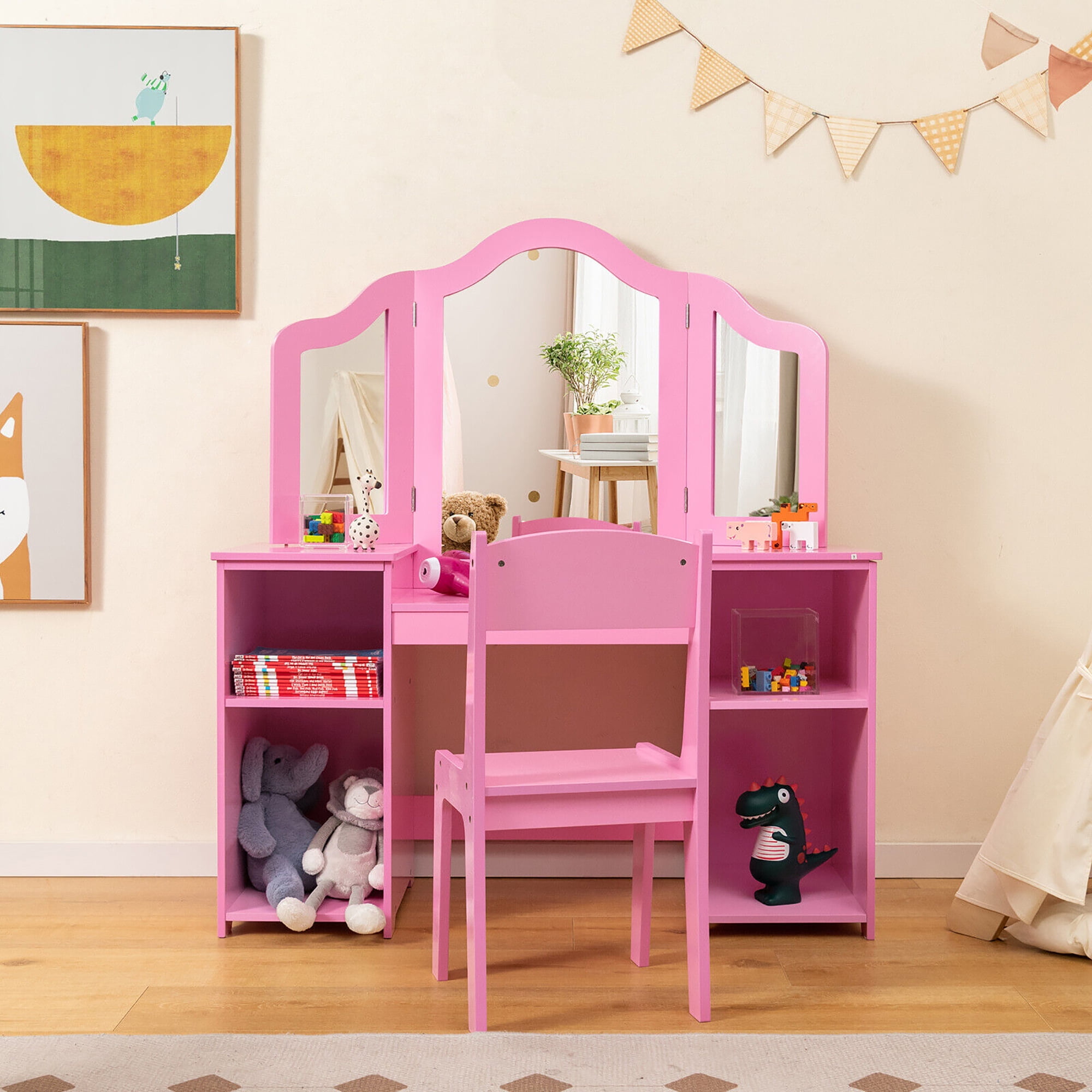 Gymax Kids Vanity 2 in 1 Princess Makeup Desk Chair Set Safe Tri fold Mirror Pink