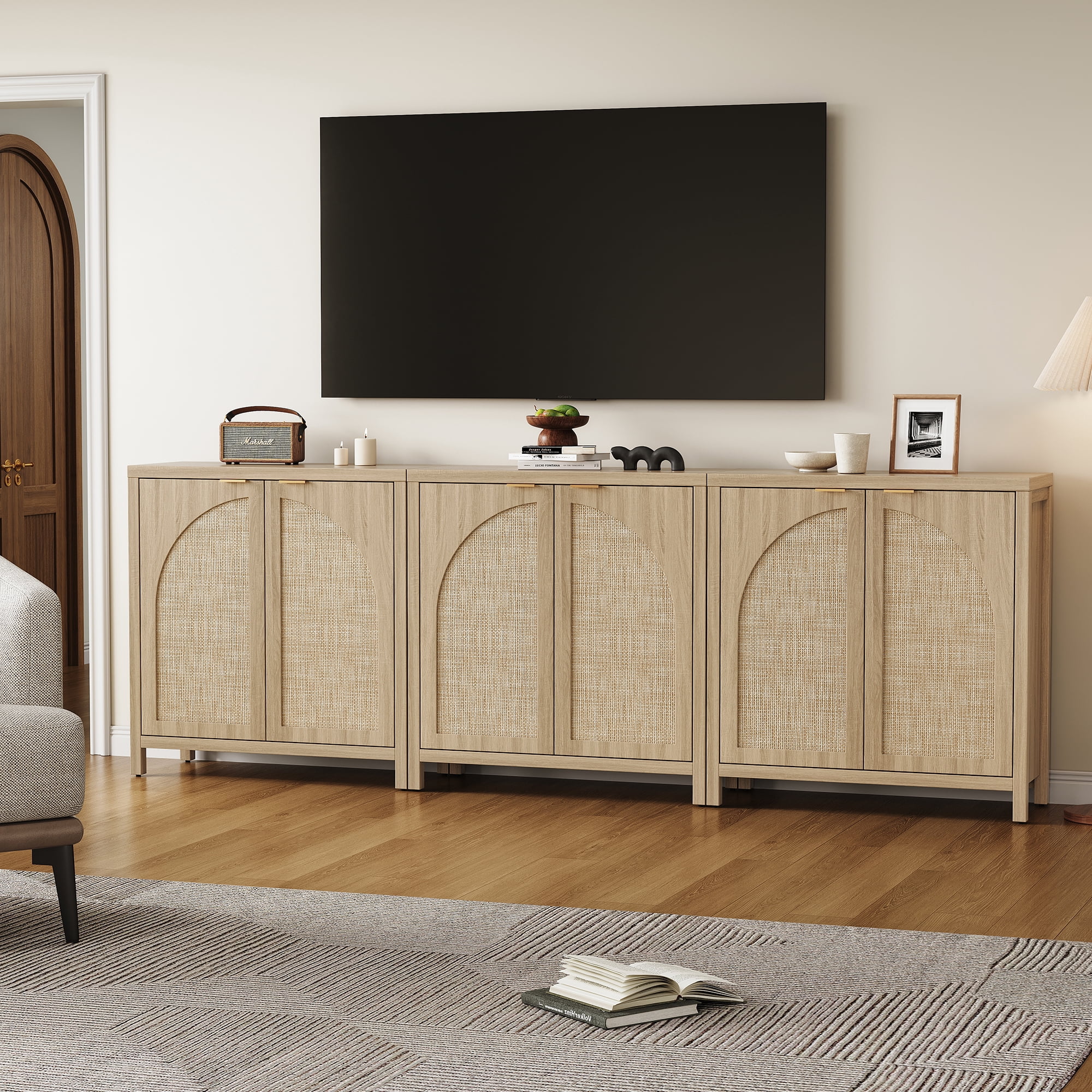 SICOTAS 34.2 Inch Wide Kitchen Pantry Cabinet with 2 Arch Rattan Doors, Rattan Buffet Cabinet with Adjustable Shelves for Kitchen Storage, Freestanding Organizer Sideboard Light Oak