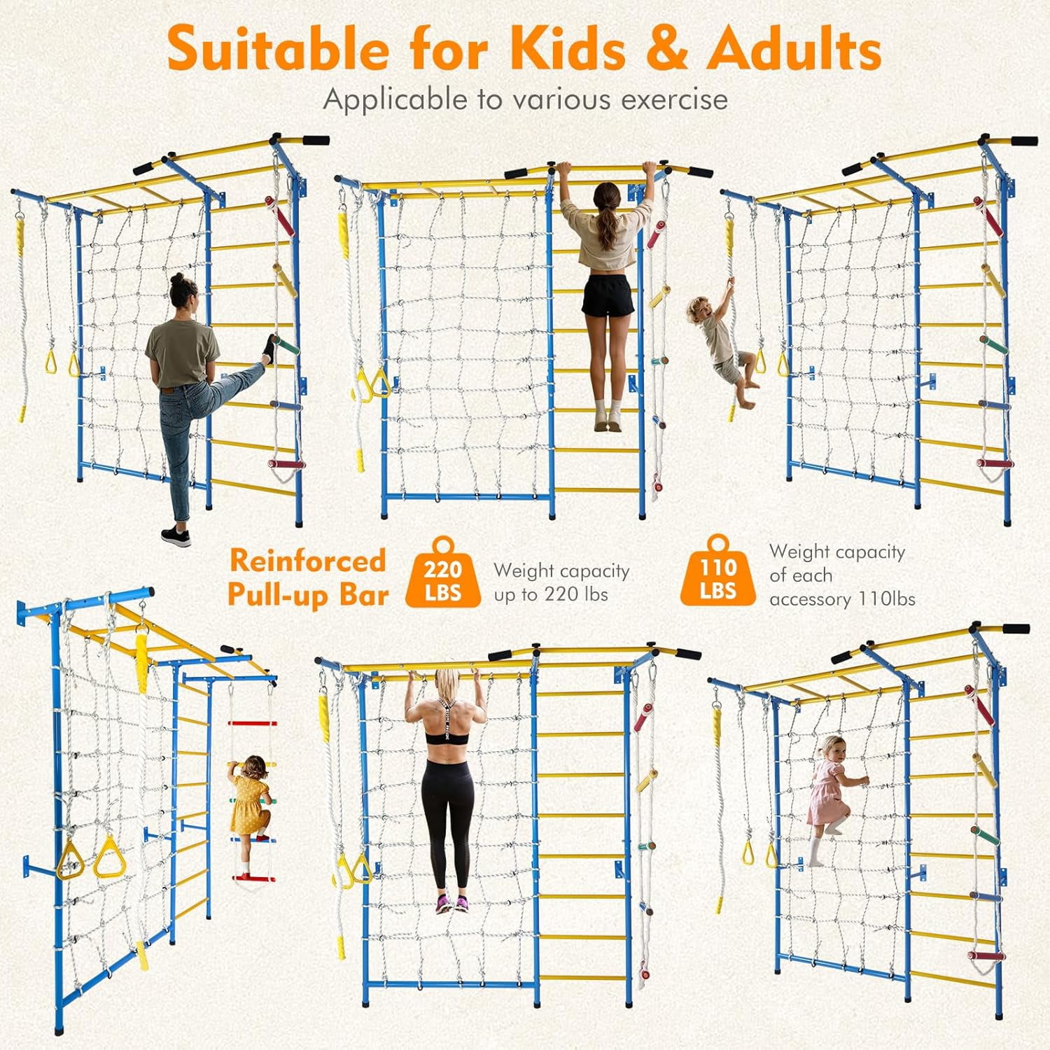 Heavy-Duty 7-in-1 Kids Climbing Gym – Steel Wall-Mounted Monkey Bars with 220 lbs Capacity, Includes Rope Ladder, Rings & Pull-up Bar for Home Play