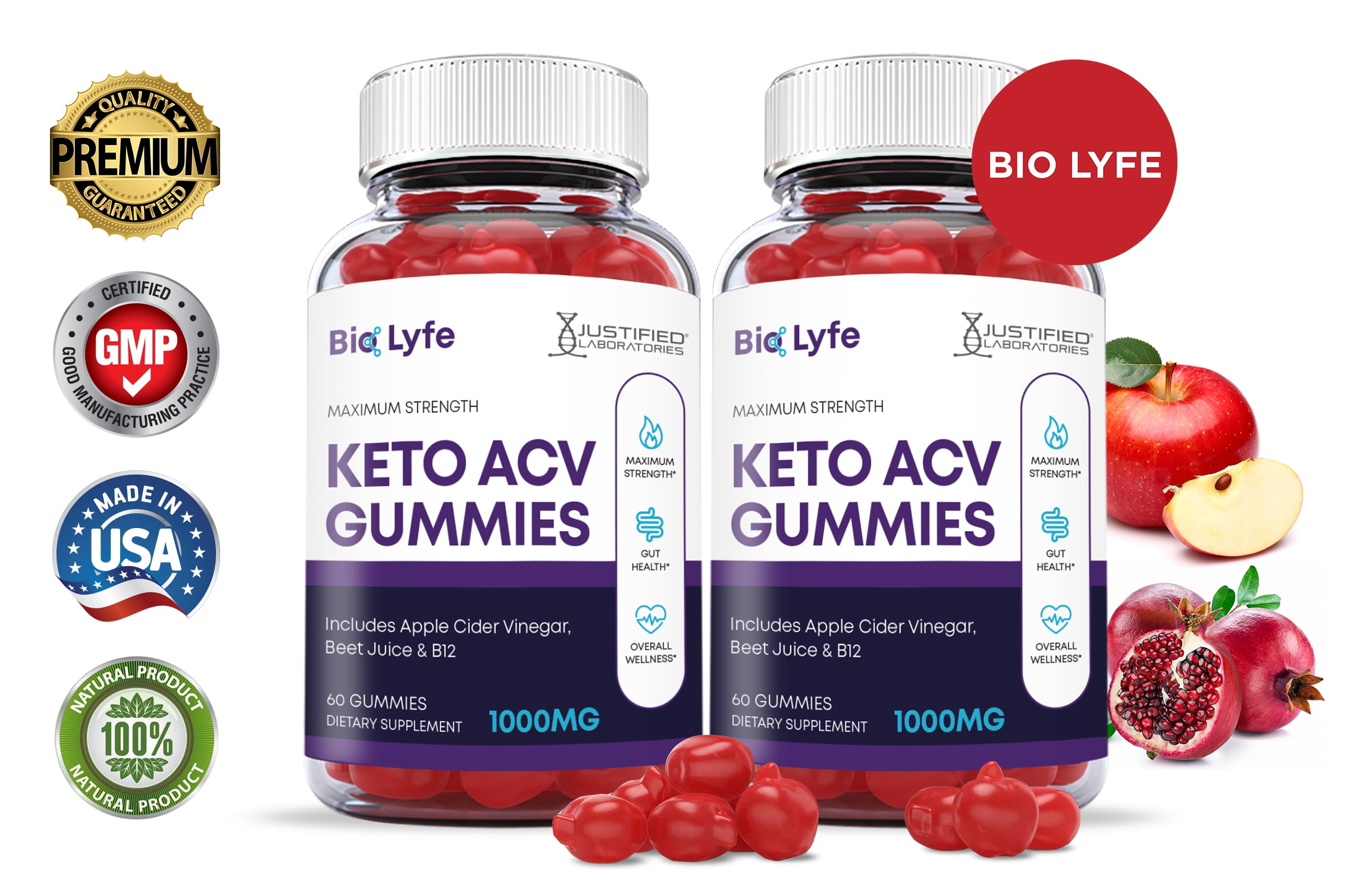 (2 Pack) Bio Lyfe Keto ACV Gummies 1000MG ACV Biolyfe BioLife with Pomegranate Juice Beet Root B12 120 Gummys
