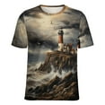 thumbnail image 5 of Lighthouse Sunrise Coast Scenery Pale Blue Tan Womens Tops Women's Fashion Casual Short Sleeve Flower Print Round Neck Pullover Top Blouse, 5 of 6