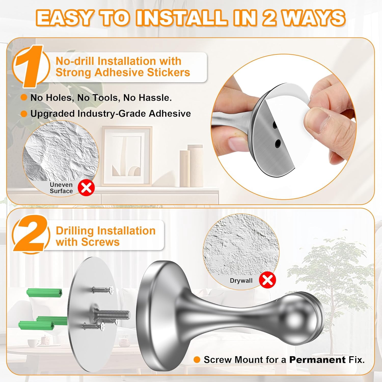 JJEAN-Magnetic Door Stoppers 1 Pack, Stainless Steel Door Stops for Wall and Floor Mounting, Door Holder Keep Door Open, No Drilling Door Stop with Adhesive Tapes, Silver