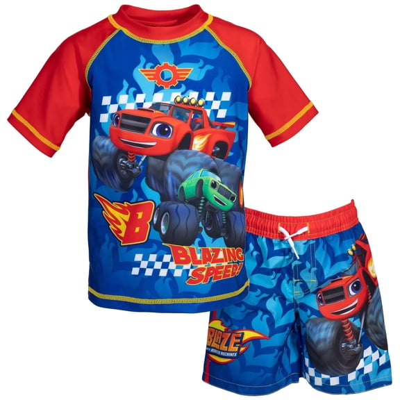 Blaze and the Monster Machines Toddler Boys Pullover Swim Rash Guard Swim Trunks Blue 2T