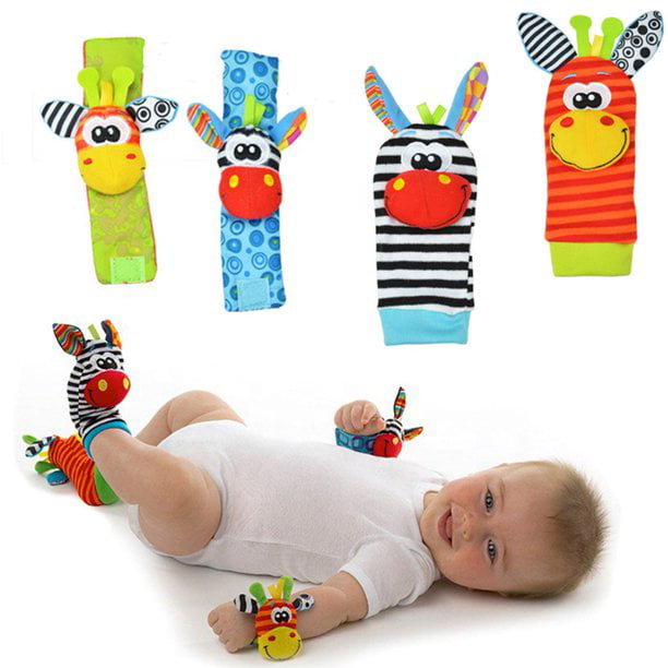 4Pcs set Cute Animal Infant Baby Kids Hand Wrist Bell Foot Sock Rattles Soft Toy 