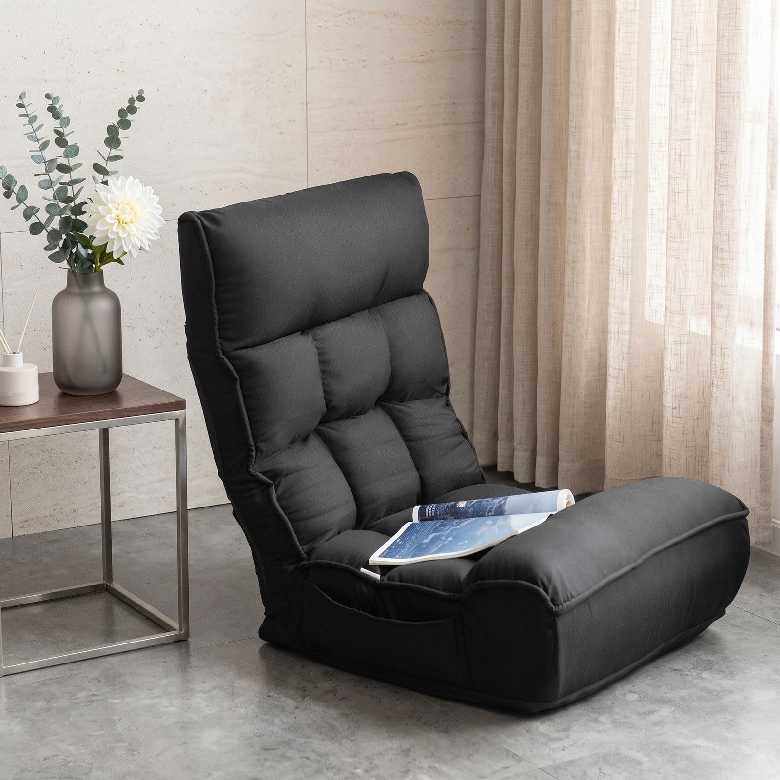 Furnibear 4-Position Adjustable Folding Floor Chair, Foldable Lazy Sofa Gaming Recliner with Steel Frame for Reading Watching TV, 286 lbs Capacity, Black