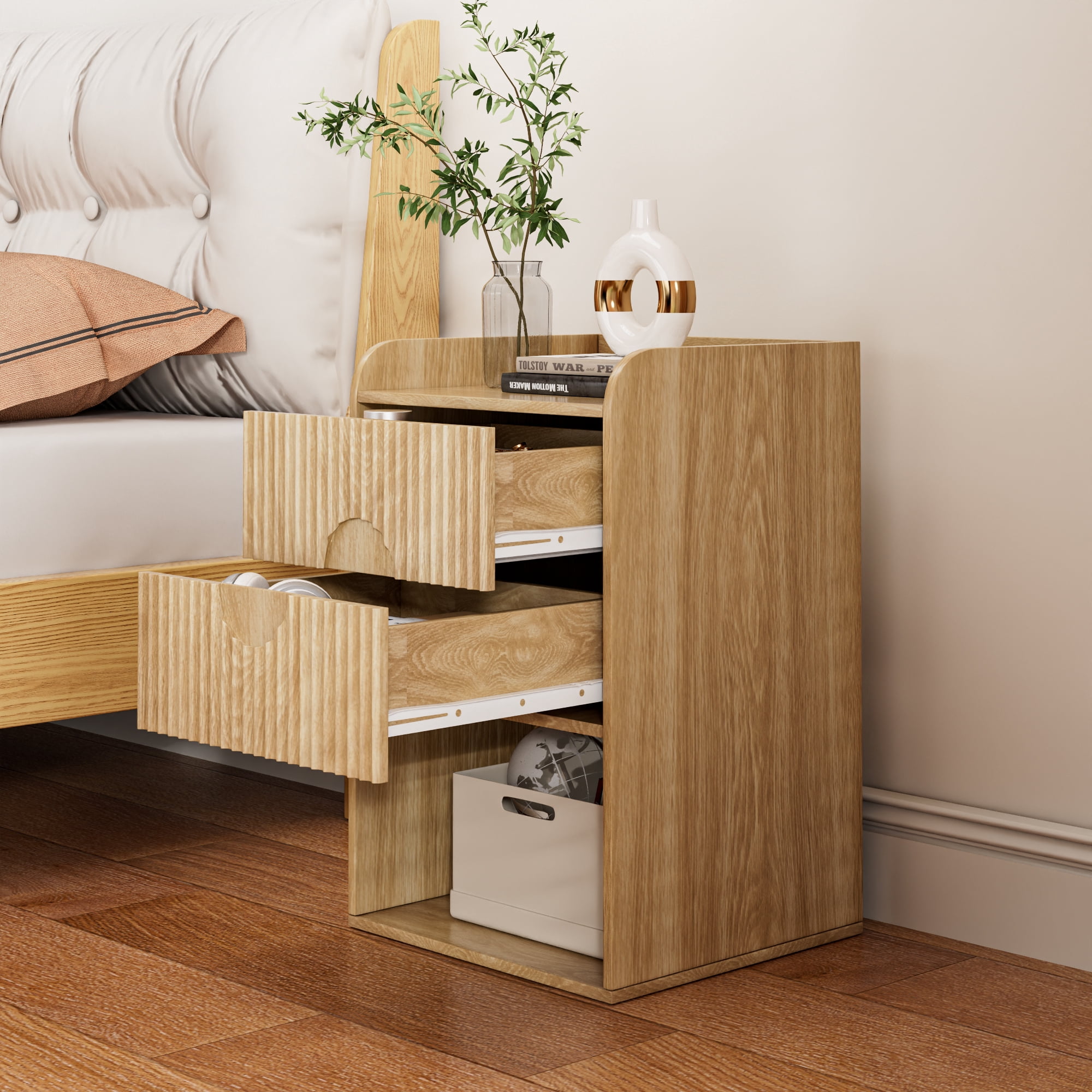 Nightstand Set of 2, End Table with Drawer, Fluted Side Table with Storage, Small bedside Table for Bedroom, Wood
