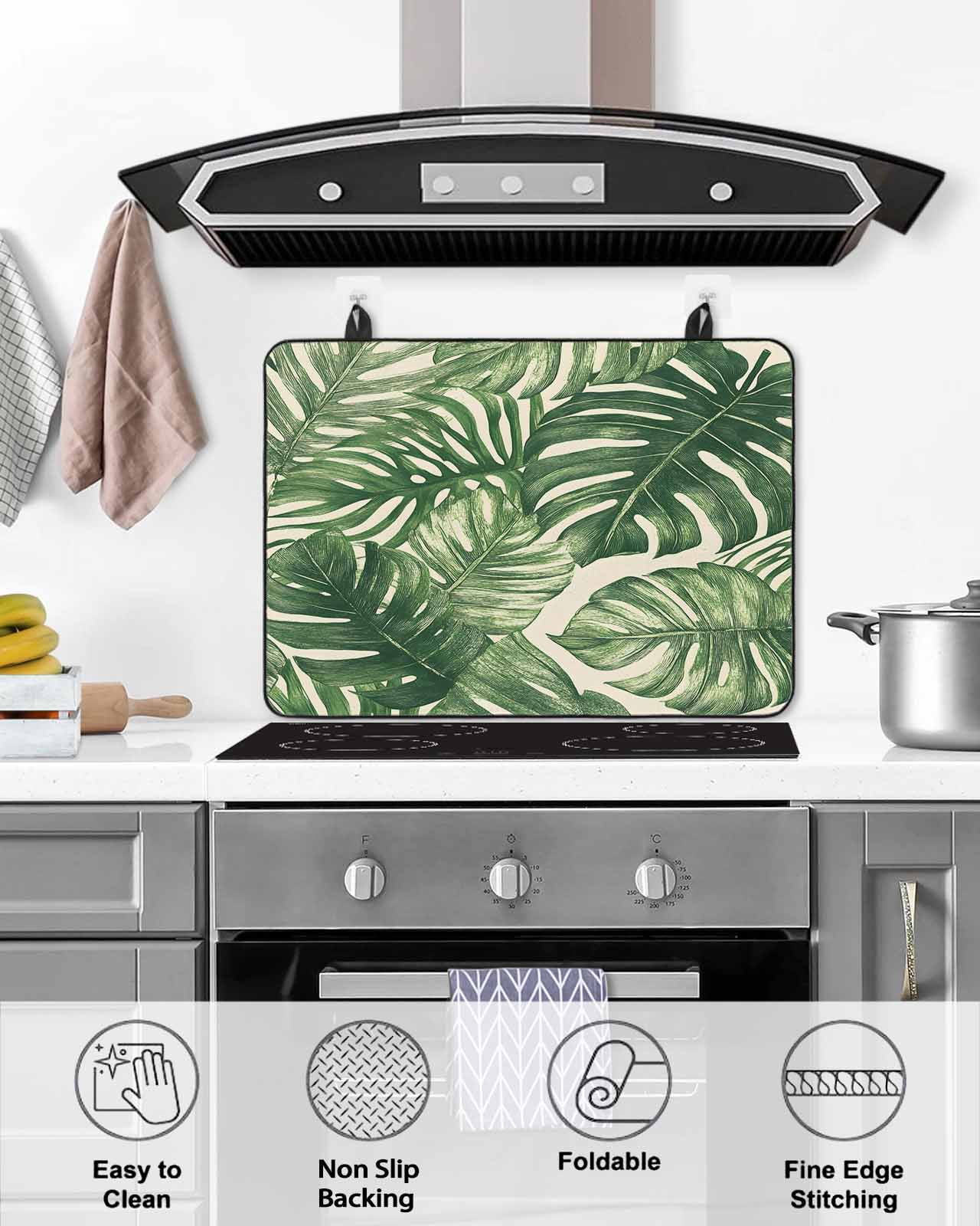 nqOlkjepod Large Induction Cooktop Protector Mat 36"x21", Green Tropical Leaves Stove Top Covers for Electric Stove, Farmhouse Summer Leaf Plants Stove Burner Cover Mats, Glass Top Stove Cover