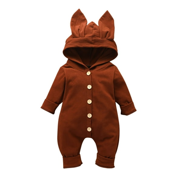 IROINID On Sale Baby Bodysuit Long Sleeve Boys Girls Cute Cartoon Rabbit Ears Solid Color Cotton Romper,Brown