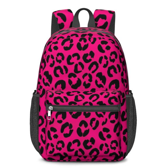 Black and Pink Leopard Print 17" Waterproof Oxford School Backpacks for Teens, S-Shape Padded Straps, for School, Travel, Hiking, Camping
