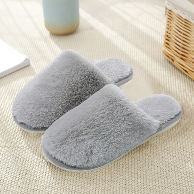Nvzi Pantuflas grises cálidas con suela plana de felpa para uso doméstico. Pantuflas cálidas con plataforma para un solo pie. Pantuflas de felpa talla 40-41, 1 par.