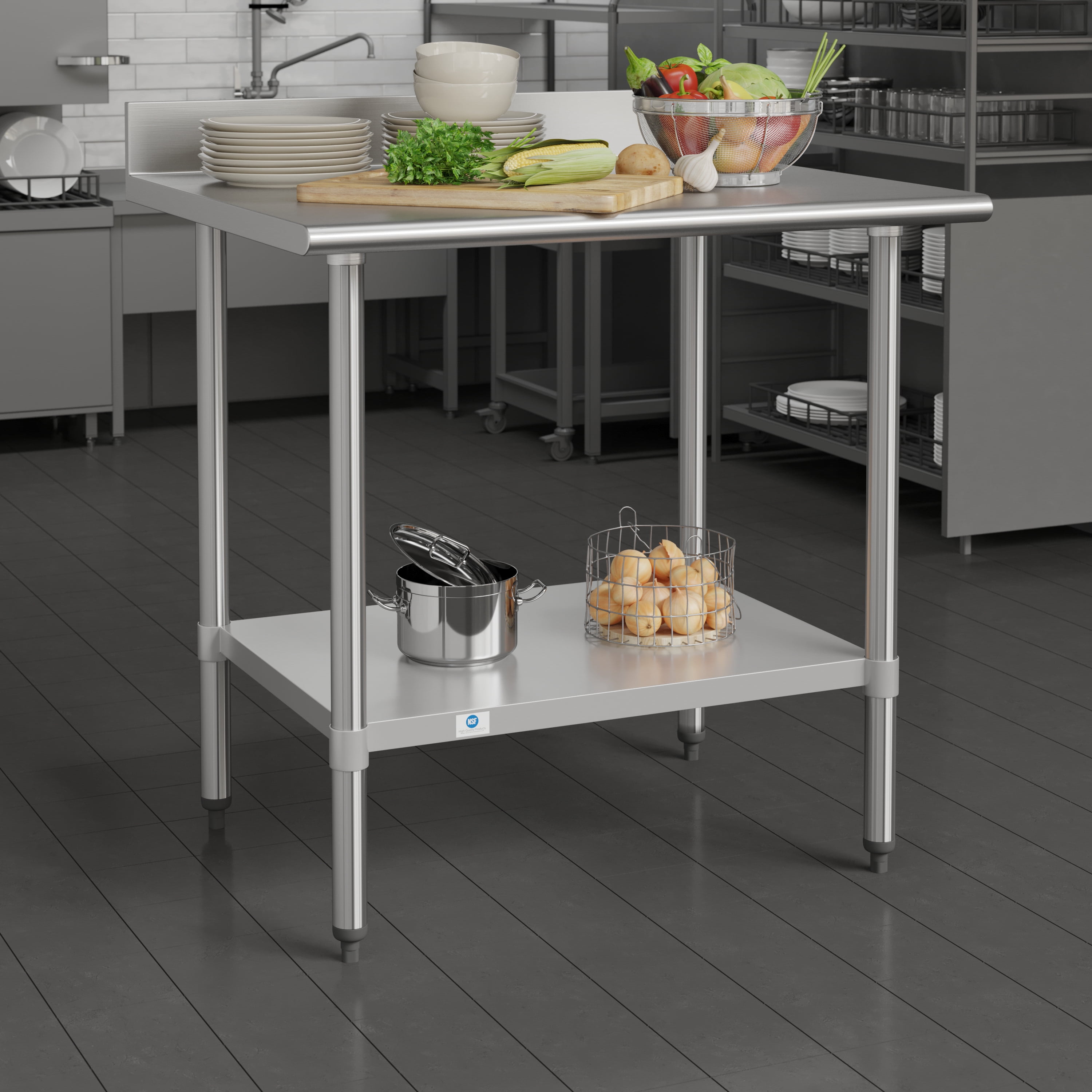 BizChair 30" x 36" Adjustable Shelf Stainless Steel General Purpose Table with 4" Backsplash