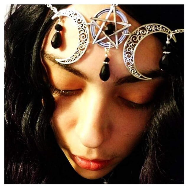 Cadena para el cabello con forma de pentagrama y luna creciente, joyería con diamantes de imitación negros, tocado para mujeres y niñas