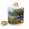 thumbnail image 1 of Beach Piggy Bank, Holiday in Seychelles Theme Exotic Beach Pool Summer Vacation Greenery, Ceramic Coin Bank Money Box for Cash Saving, 3.6" X 3.2", Green Blue Pale Brown, by Ambesonne, 1 of 4
