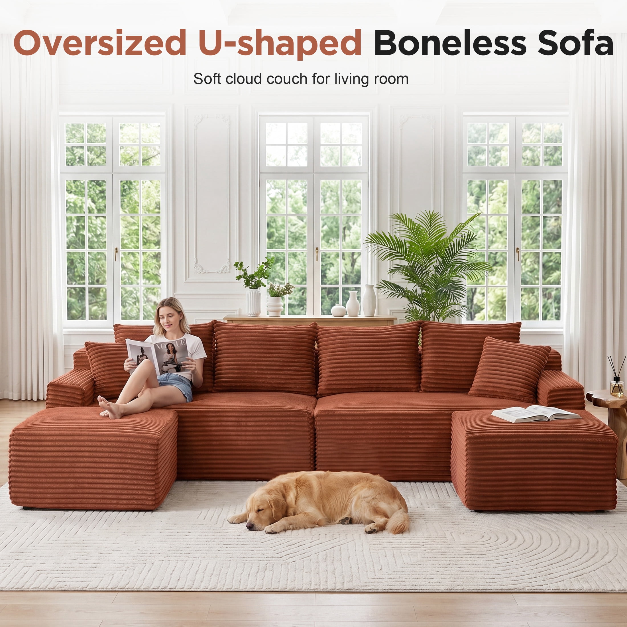 Aenkyo 115" Corduroy U-Shaped Modular Sectional Sofa with 2 Ottomans, 4-Seater, Orange