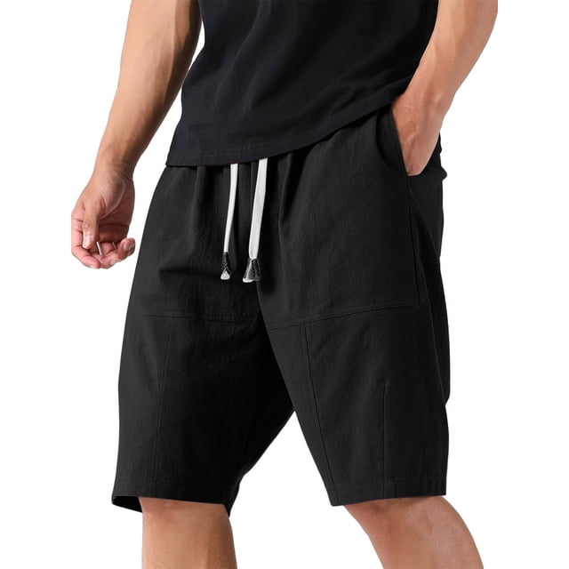 Ndbuld Mens Golf Shorts 7 Inch Inseam Men's Linen Solid Color Shorts Summer Fashion Outdoor Shorts Daily Breathable Straight Leg Shorts on Clearance Black S