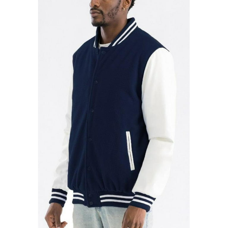 Navy blue and white letterman jacket best sale