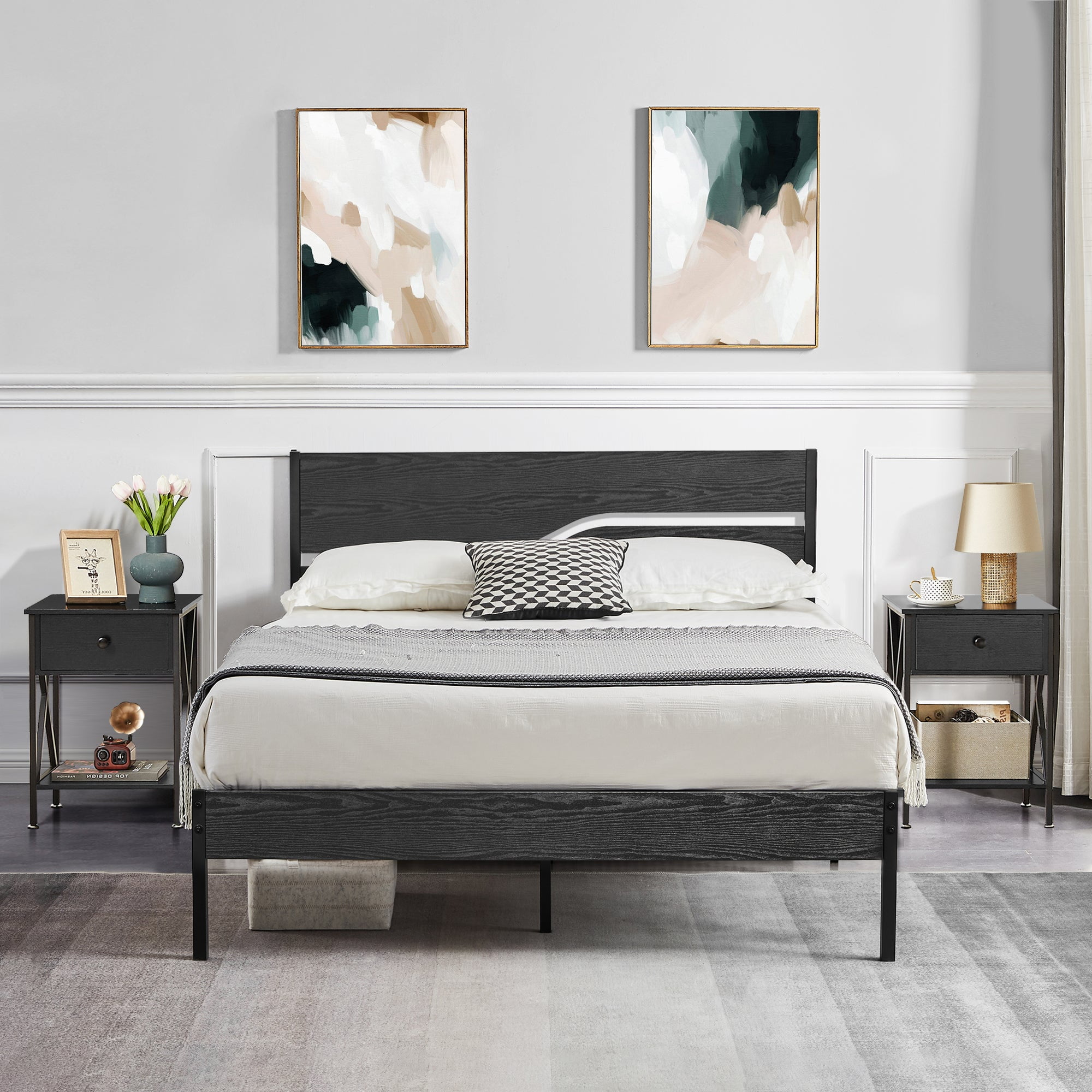 VECELO Queen 3Piece Bedroom Set Wood Headboard Platform Bed Frame and