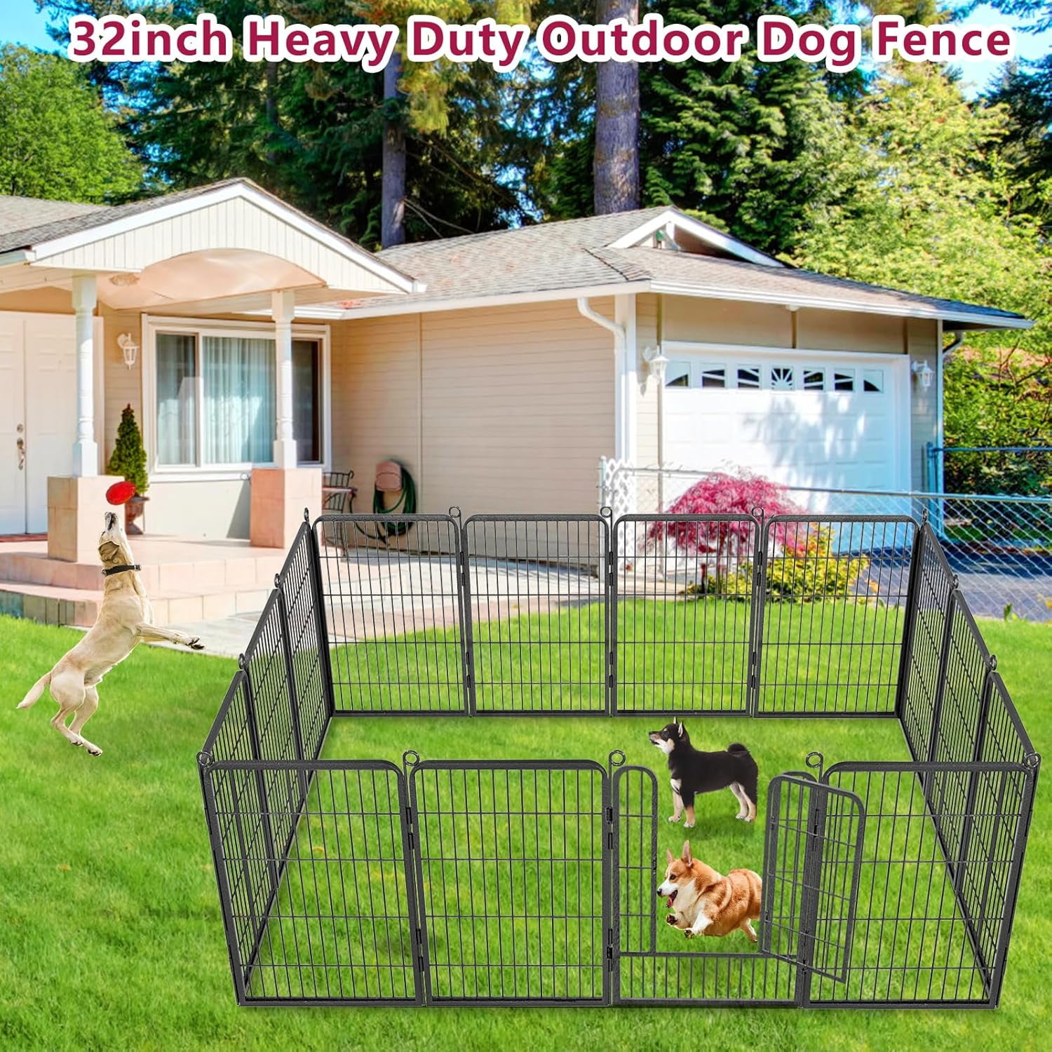 Jhsomdr Dog Playpen Outdoor 10 Panel 32" Height x 26" Width Pet Fence Heavy Duty Puppy Playpen Dog Exercise Pen with Door for Small/Medium Dogs