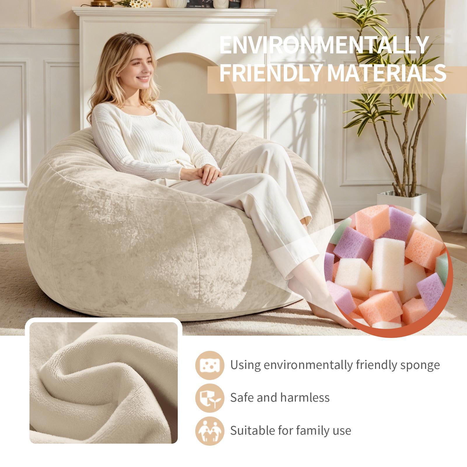 Hommoo 4FT Bean Bag Chair, Memory Foam Filling Soft Sofa with Flannel Cover, Round Sofa for Living Room, Bedroom, College Dorm, Beige
