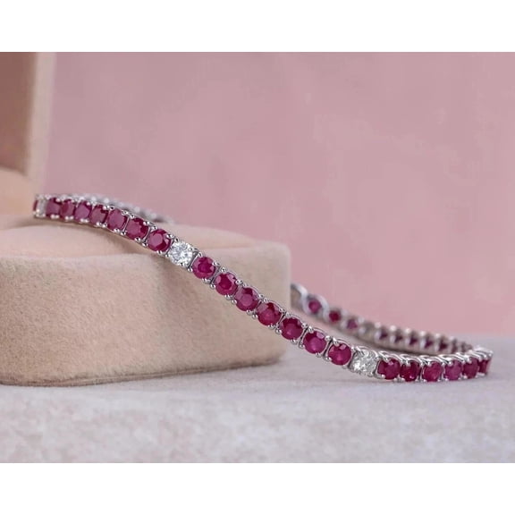 8Ct Round-Cut Lab-Created Red Ruby 14K White Gold Plated 7" Tennis Bracelet
