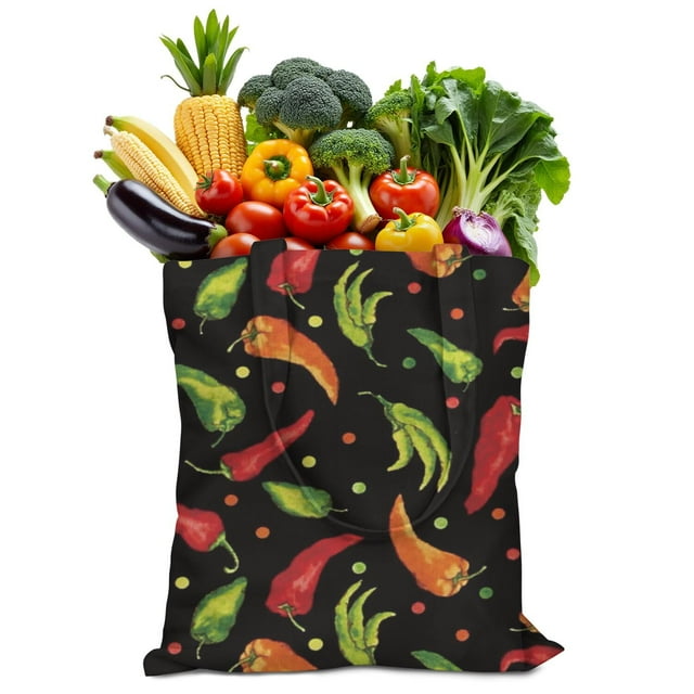 Sac Fourre-Tout en Toile Piments Mignon Motif Légumes Rouges Épicés Illustration Peinture Esthétique Kawaii Dessin Animé Réutilisable Écologique Léger Pliable