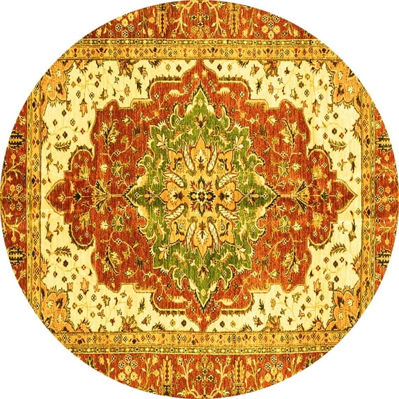 Ahgly Company Machine Washable Indoor Round Persian Yellow Traditional Area Rugs, 4' Round