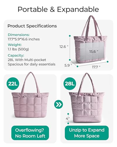 BAGSMART Expandable Tote Bag for Women, Puffer Small tote bag with Zipper, Travel Tote Bags Casual Handbags Nurse Bag, Purple