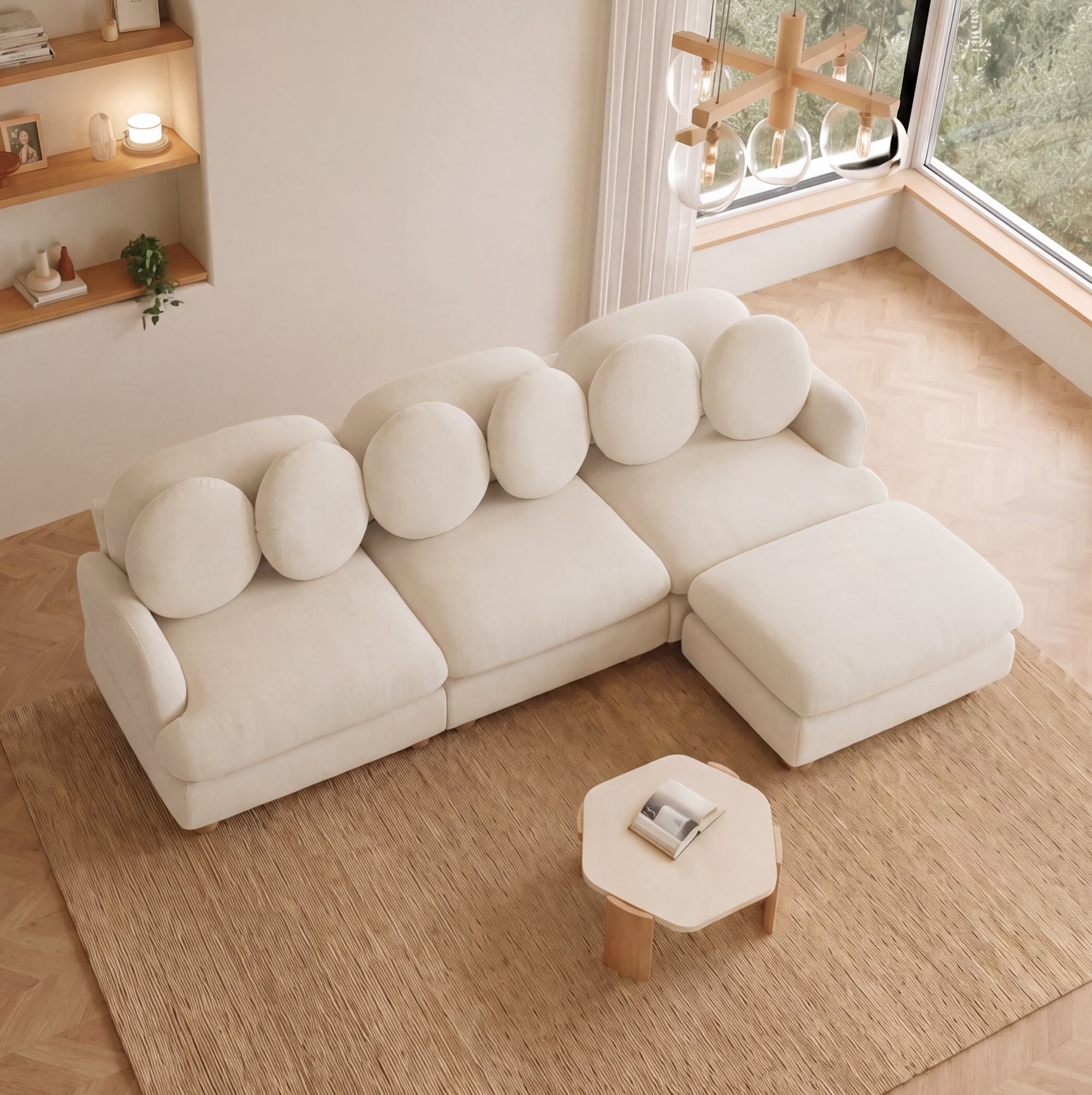 95" L-shaped 4 Seater Comfy Chenille Modular Sectional Sofa Couch with 6 Throw Pillows and Ottoman
