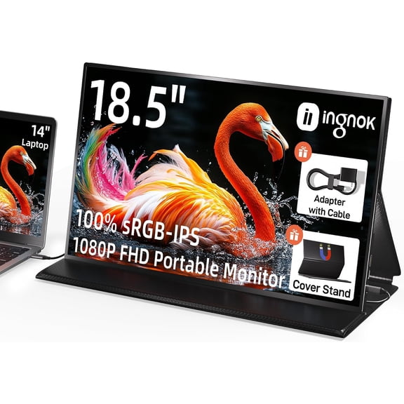 Restored Ingnok Portable Monitor, 18.5 Inch FHD 1080P 100% sRGB Laptop Screen Extender USB C HDMI Portable Gaming Monitor w/Smart Cover & Speakers, External Monitor for Laptop Mac PC
