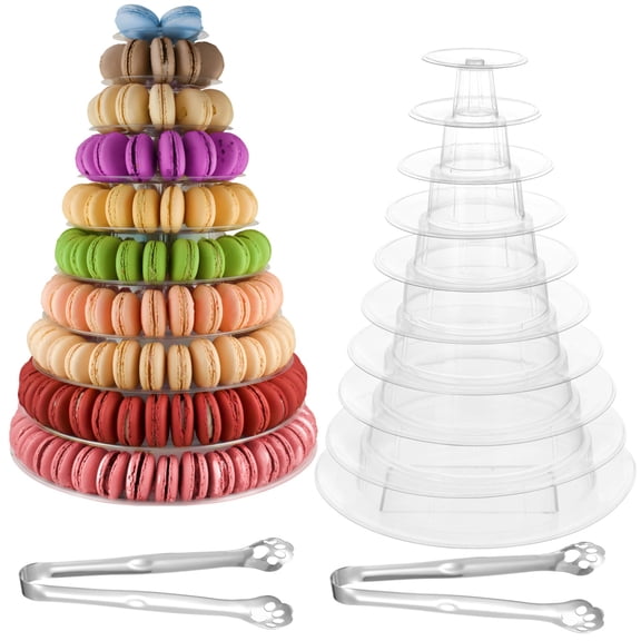 2 PCS 10-Tier Clear Macaron Display Stand, Plastic Macaron Tray Tower with Stainless Steel Serving Tongs, Clear Round Display Rack, Cupcake Dessert Stand for Weddings Birthday Parties Bakeries