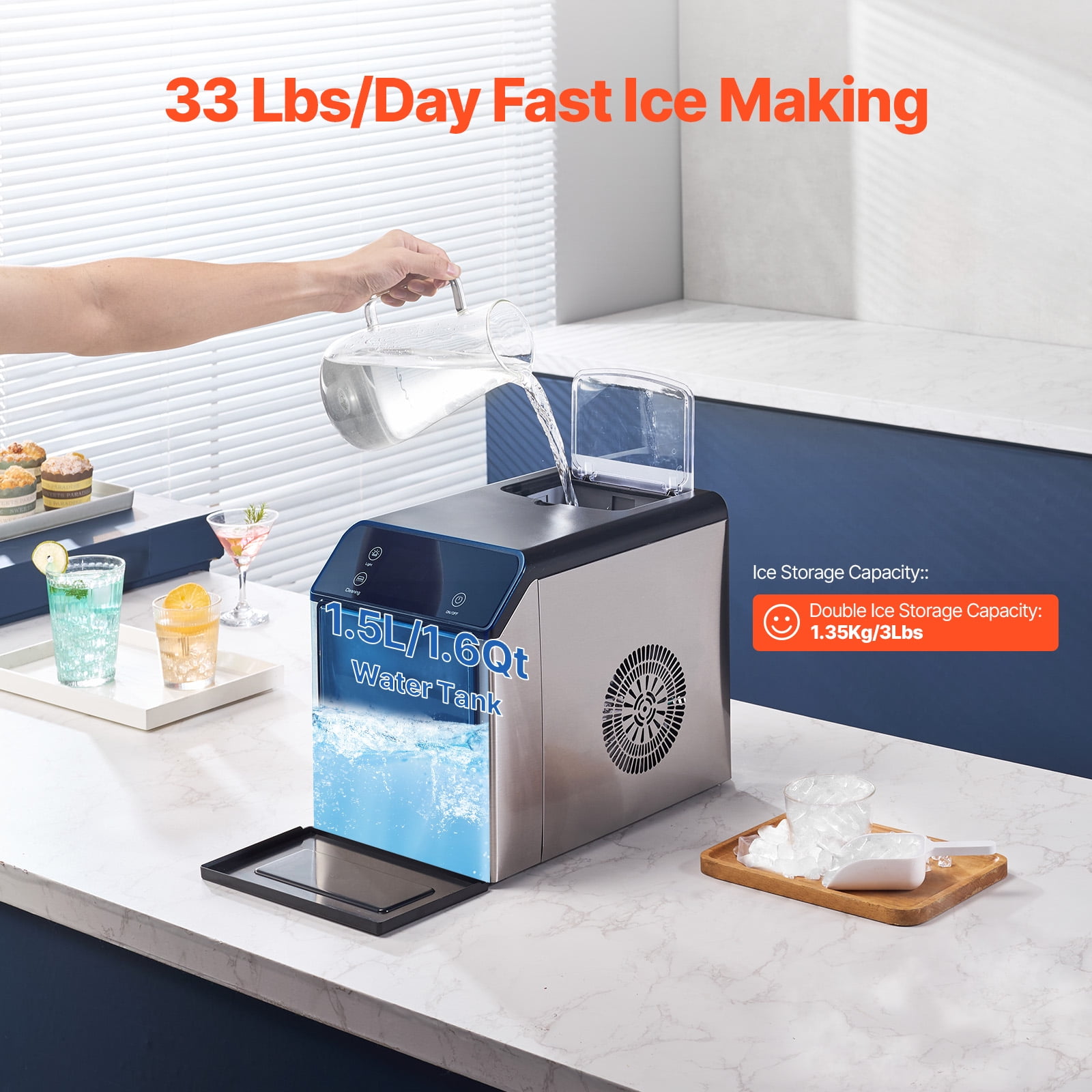 KFFKFF 33lbs/24H Countertop Ice Maker Nugget Ice Maker Self-Cleaning Portable Ice Maker with Ice Scoop & Drip Tray