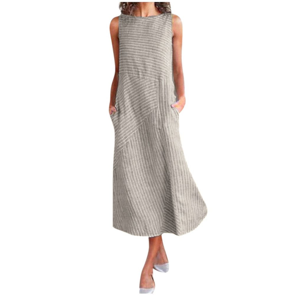 Aviva Women Casual Striped Print Sleeveless Dress Neck Linen