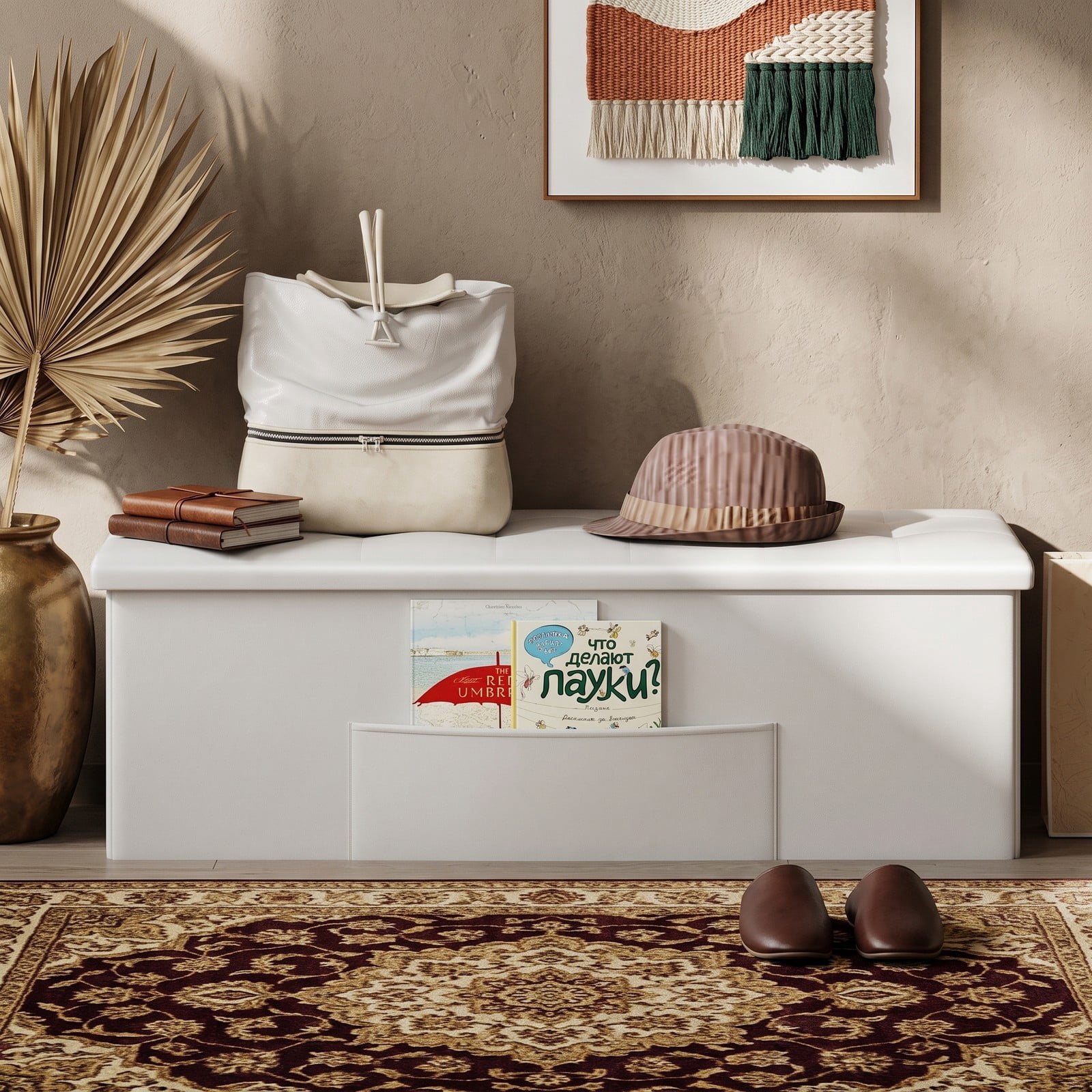 Furnibear 43 Inch Folding PU Leather Storage Ottoman Bench with Divider and Side Pocket for Living Room, Bedroom and Entryway, White