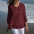 thumbnail image 4 of Women's Plus Size 3/4 Sleeve Top, Cotton Linen Blend Lace Trim Blouse, Loose Fit Casual T-Shirt for Work, Daily Wear, Vacation and Relaxed Outfits Red L, 4 of 9