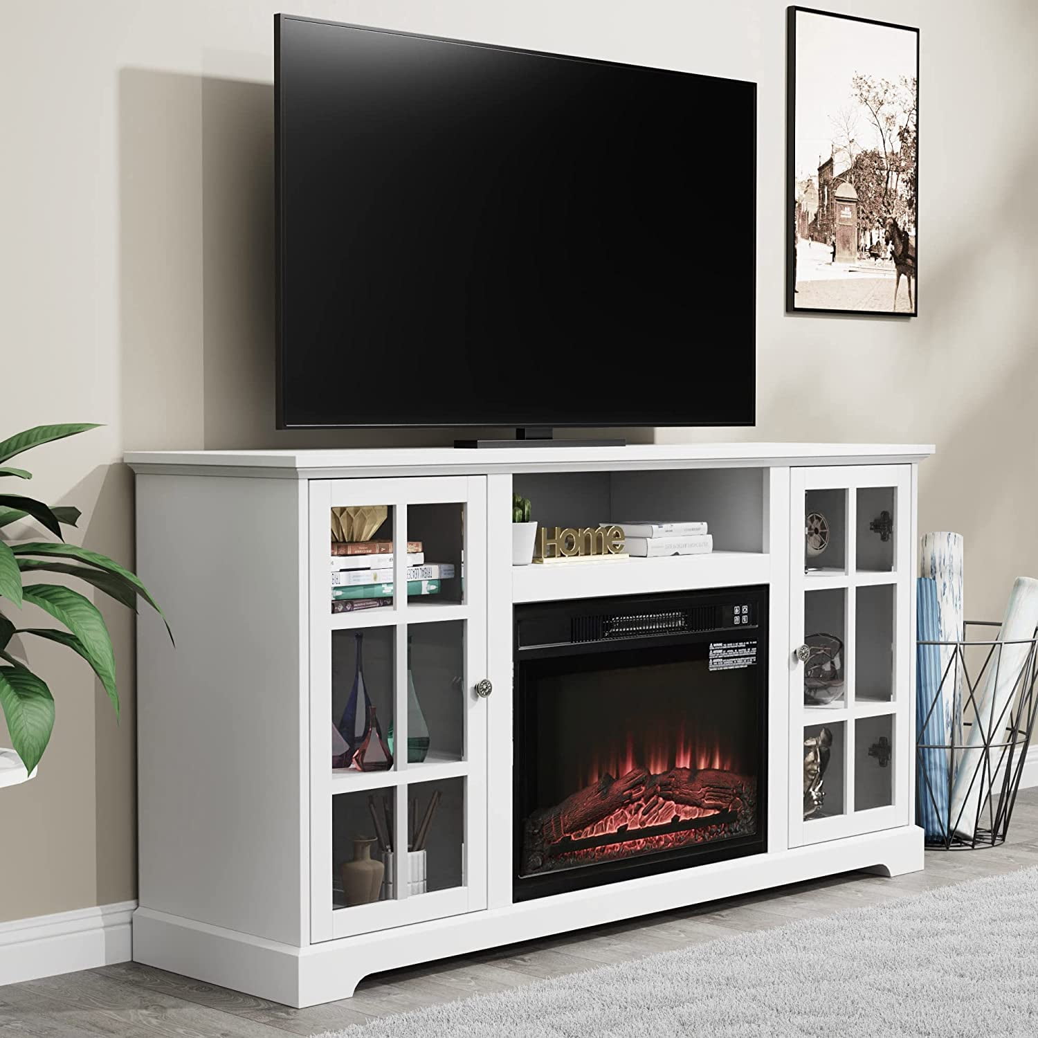 White Fireplace TV Stand,Farmhouse Entertainment Center for 65 inch TV