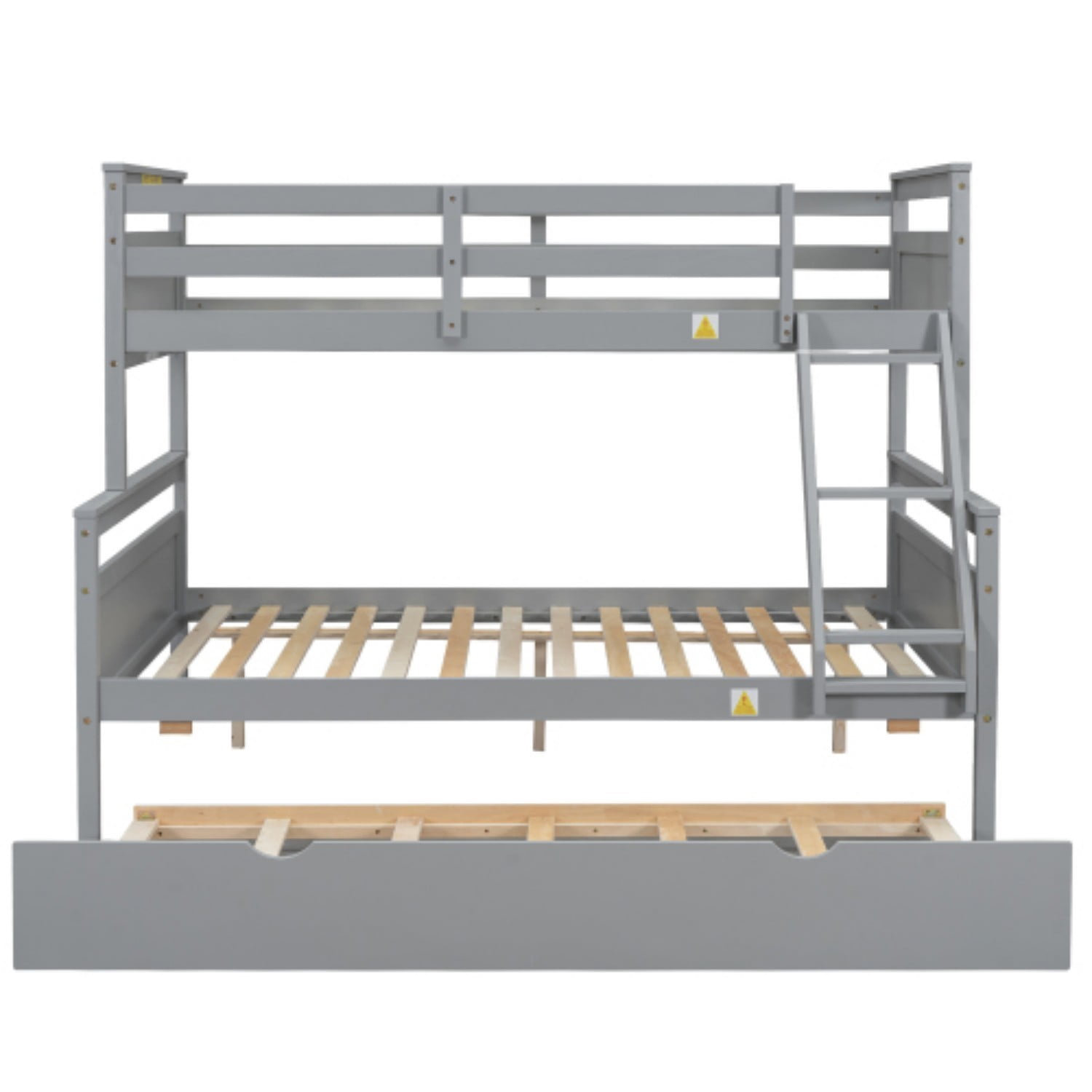 Twin Over Full Bunk Bed with Twin Trundle, Convertible Wood Bunk Bed with Ladder and Safety Guardrails, Twin Full Bed Frame for Kids Bedroom, Gray