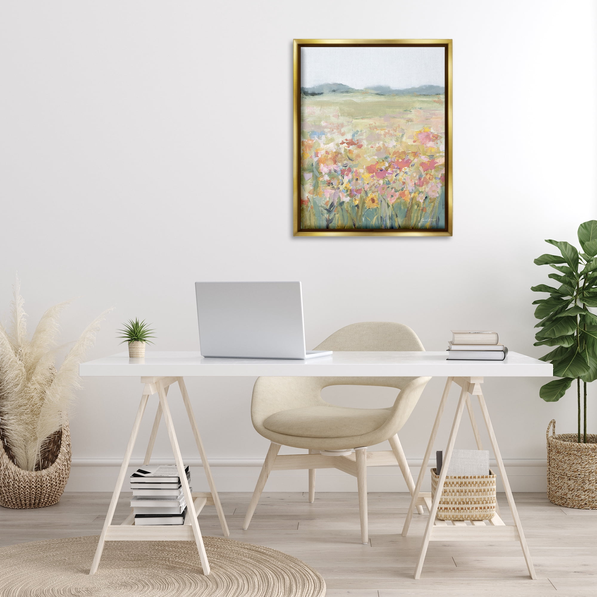 Stupell Industries Soft Wildflower Meadow Landscape Painting Gold Floater Framed Art Print Wall Art, 25 x 31
