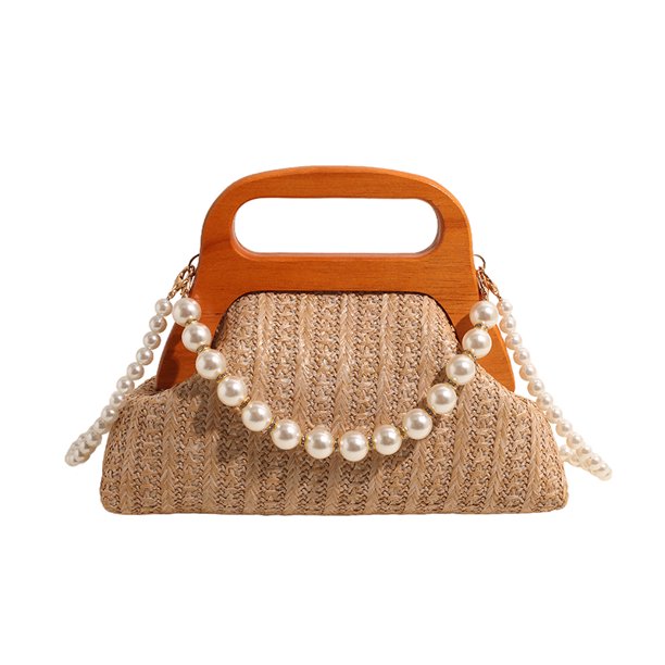 Bolso Tejido Paja Noche para Mujer Hobo Elegante Con Perlas Viajes Al Aire Libre