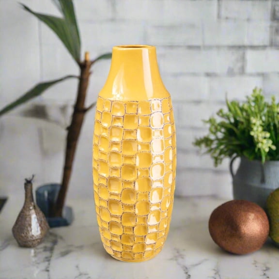 Ansel Abstract Ceramic Vase – Decorative Modern Home Decor, Tabletop Accent, Flower Vase, Living Room & Office Décor (Size- 4.00"x10.00"H, Yellow )