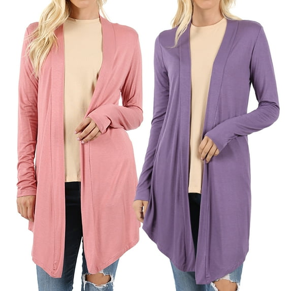 Women & Plus Draped Open Front Long Sleeve Flowy Light Cardigan (2PK: D Rose/Lilac Grey, M)
